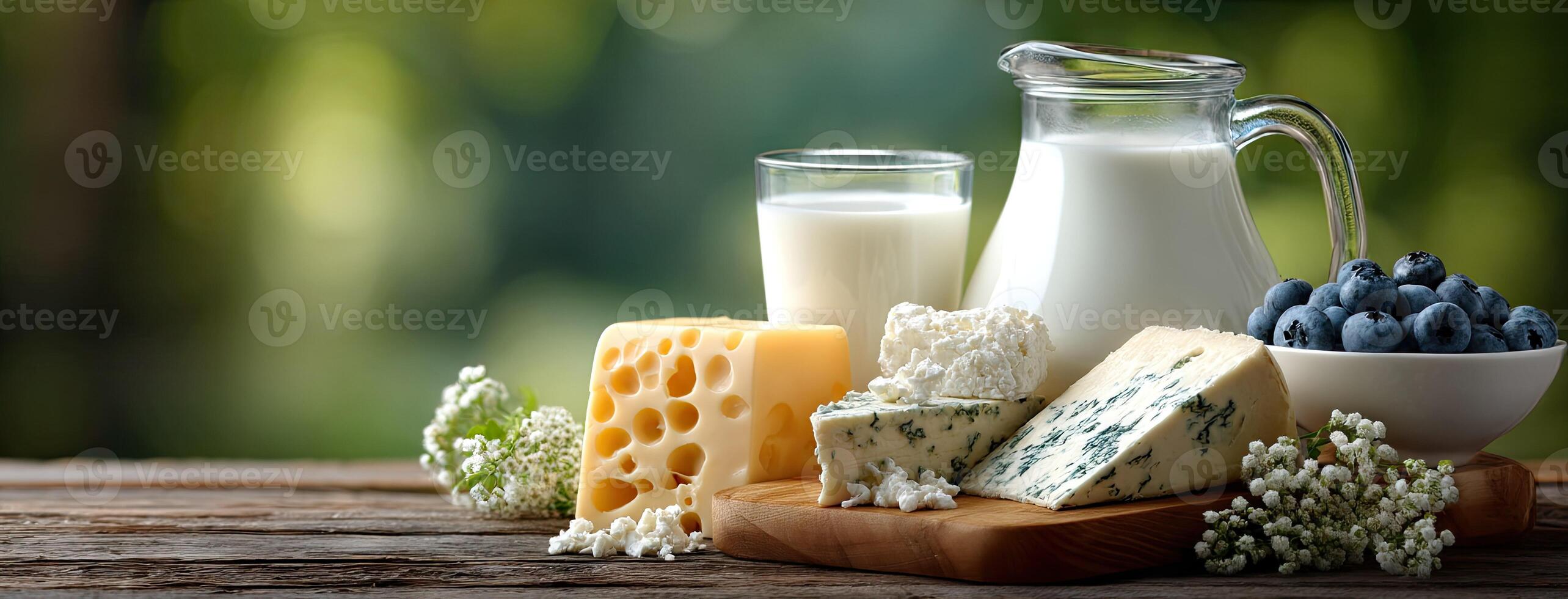 A variety of dairy products including milk, cheese and blueberries photo