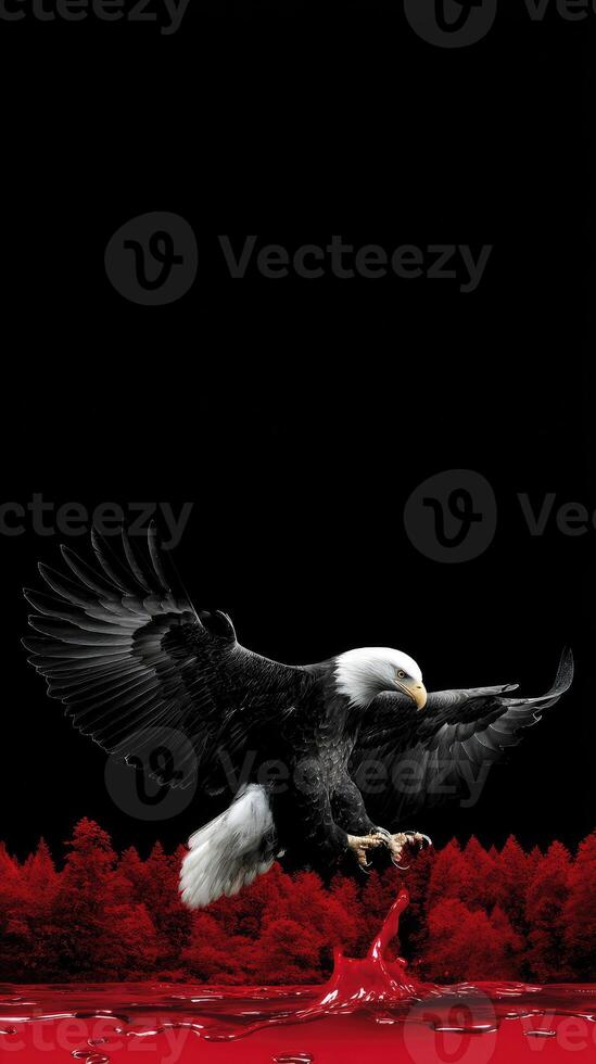 A bald eagle flying over a red background photo
