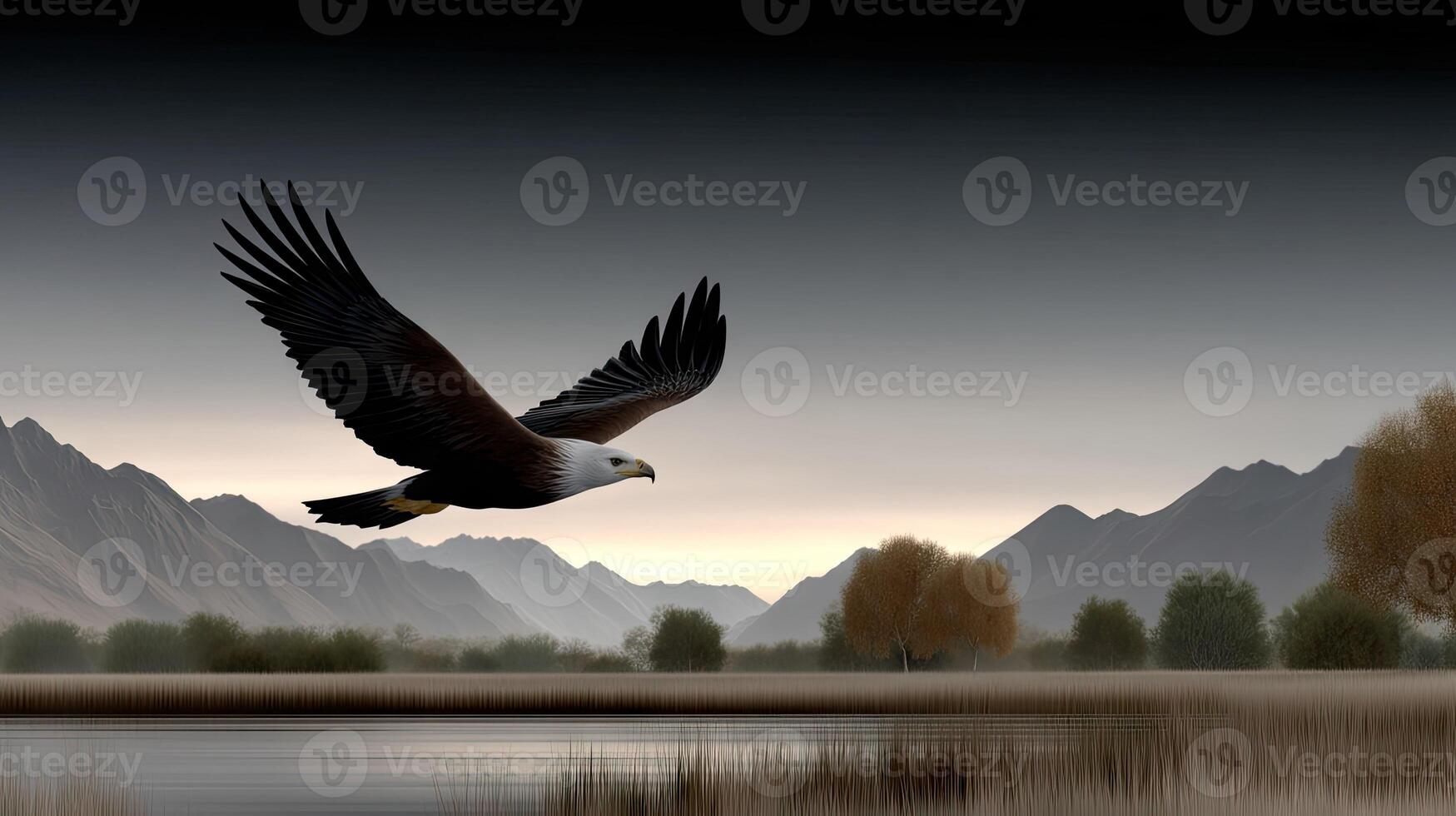 An eagle flying over a lake with mountains in the background photo