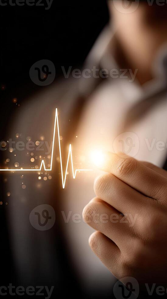 A person in a suit is holding a glowing heart beat photo