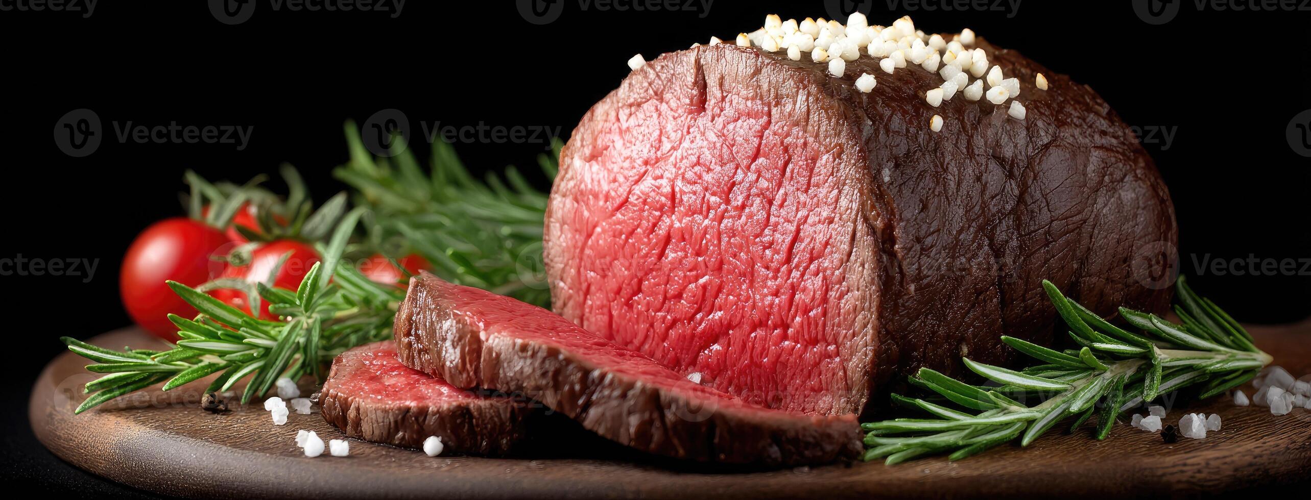 A piece of beef is sitting on a cutting board photo