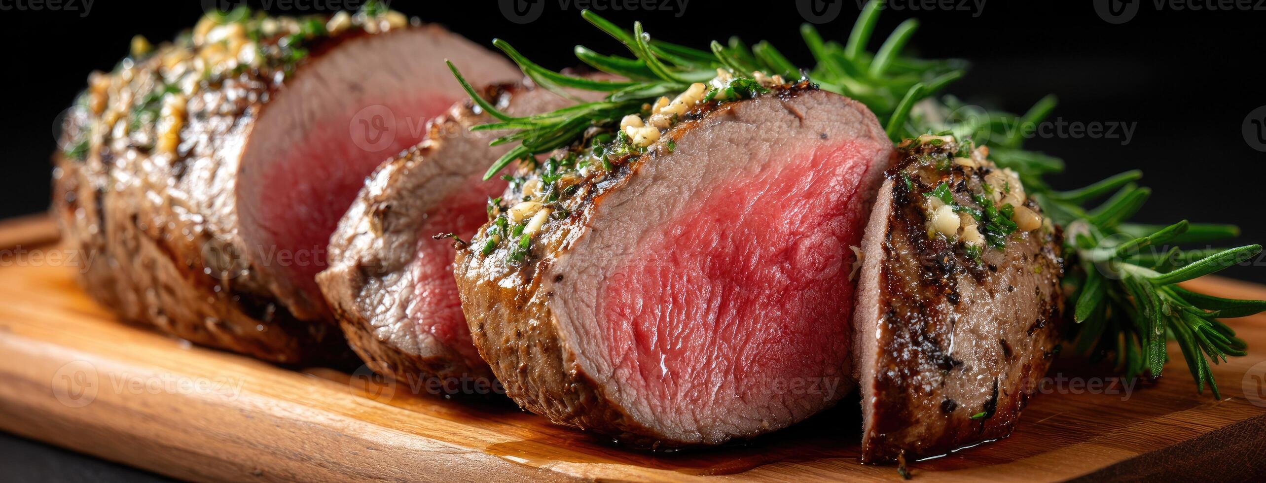 A piece of meat with rosemary on a wooden cutting board photo