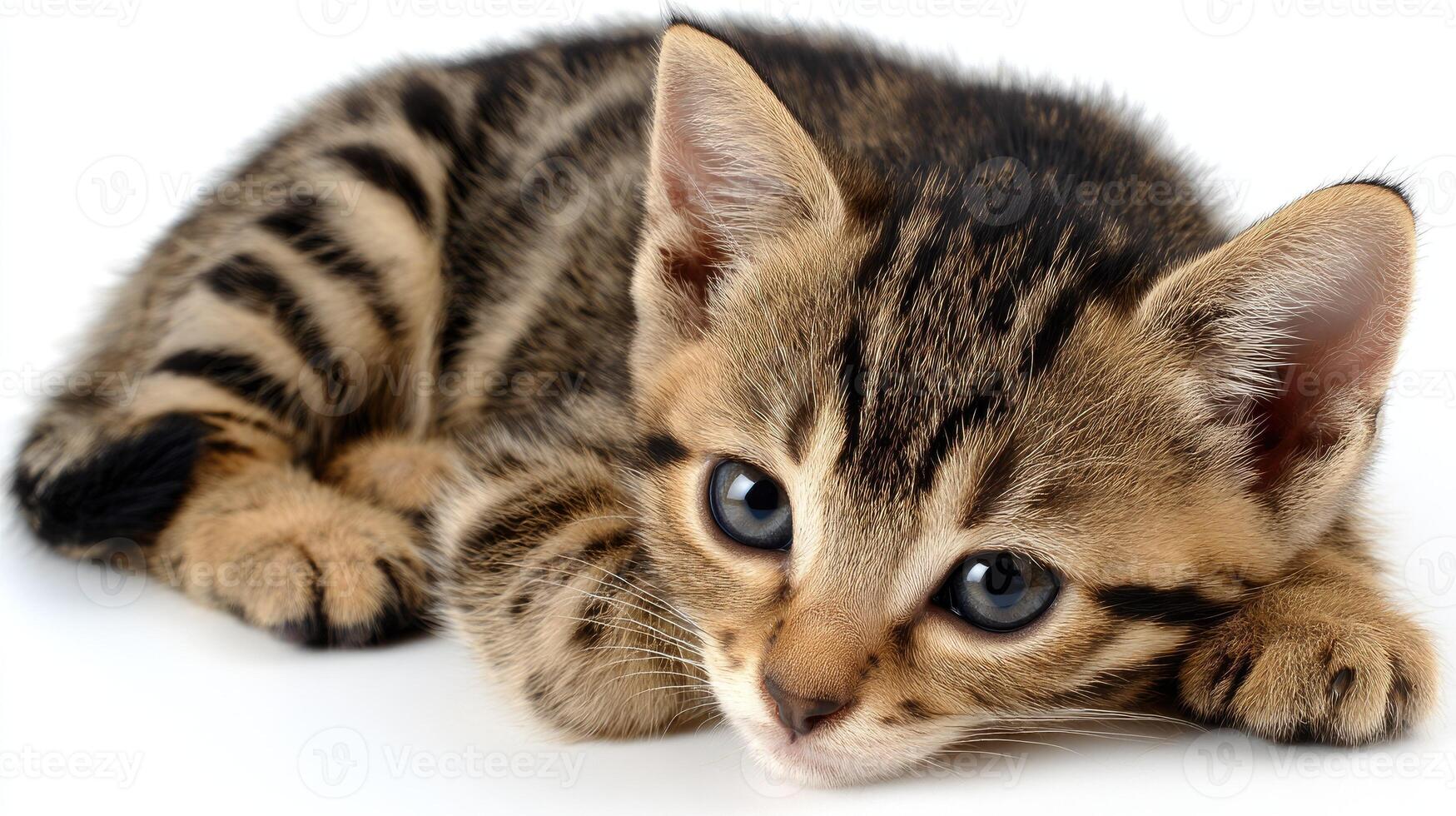 A kitten is laying down on a white background photo