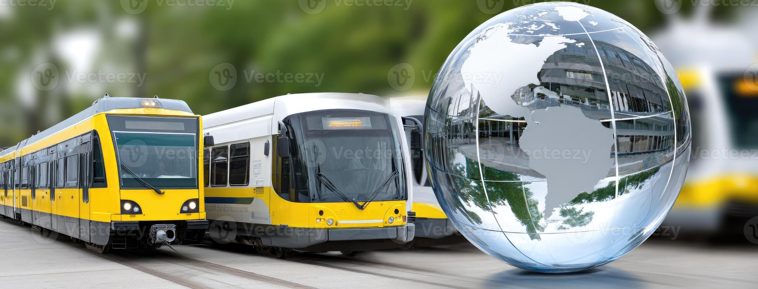 A yellow and white train with a globe on it photo