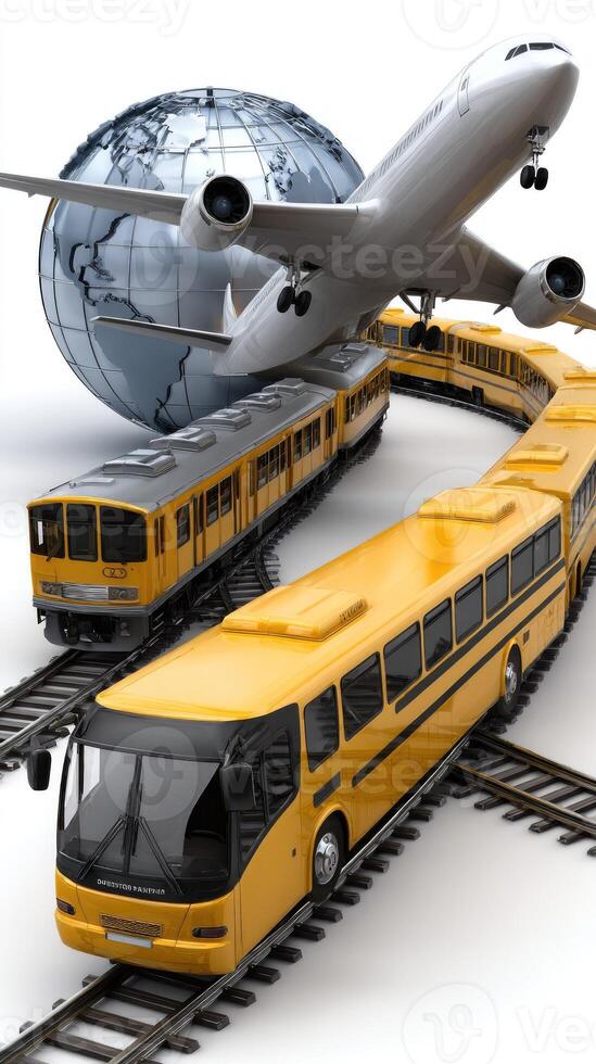 A yellow bus and an airplane on a train track photo