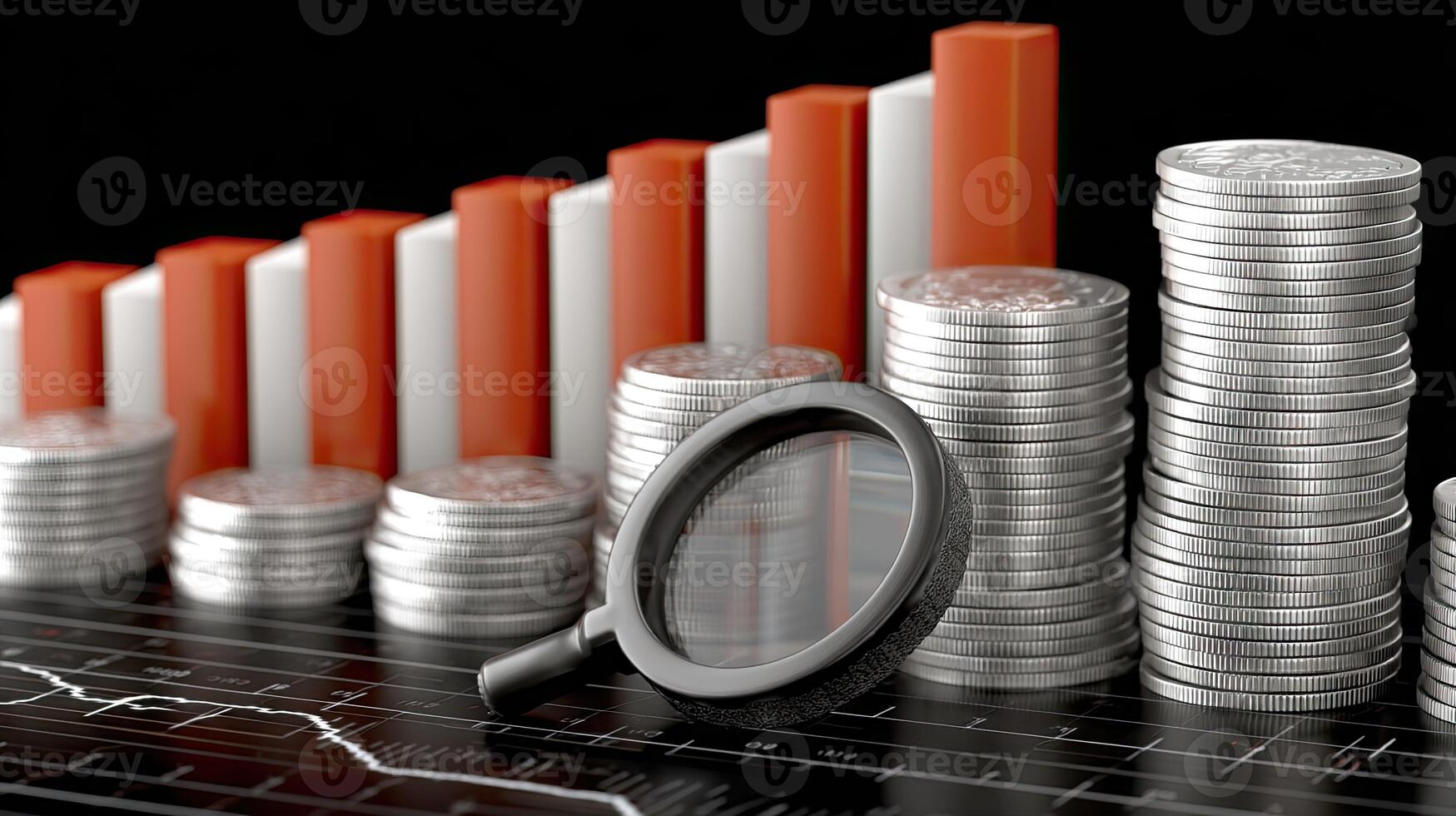 A magnifying glass is sitting on top of stacks of coins photo