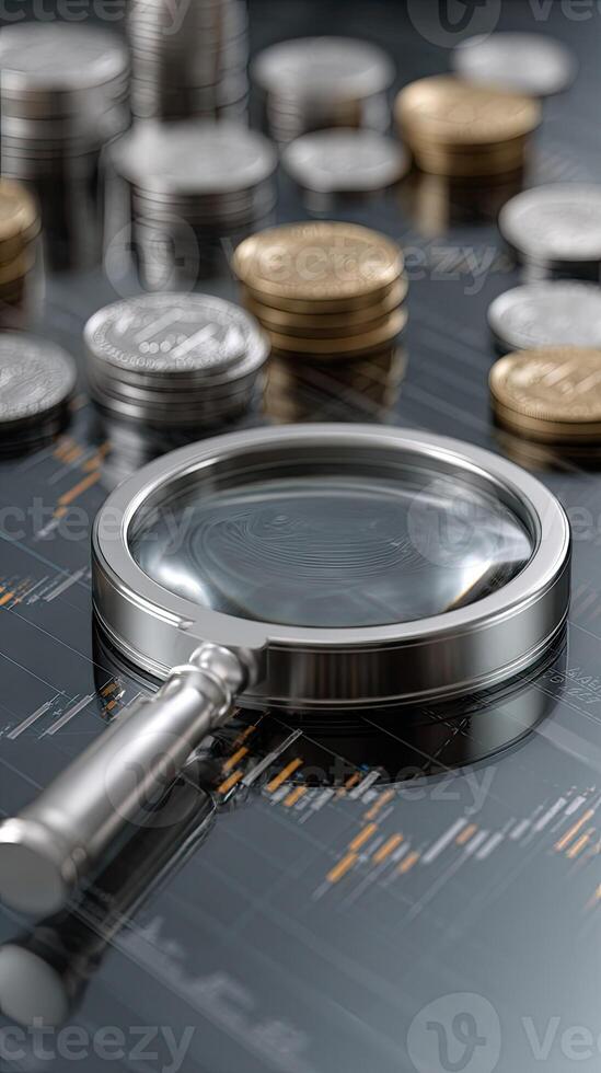 Coins and magnifying glass on a financial chart photo