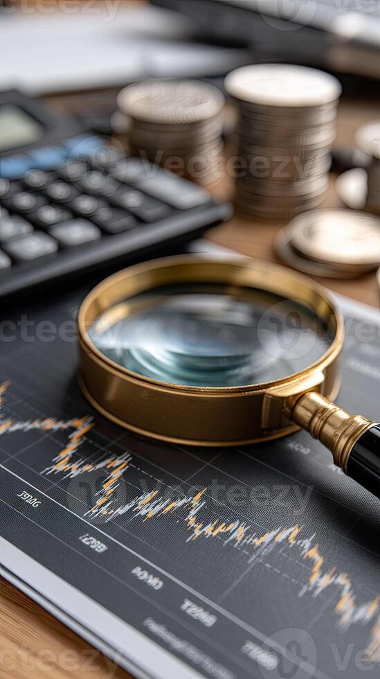 A magnifying glass is on top of a financial report and a calculator photo