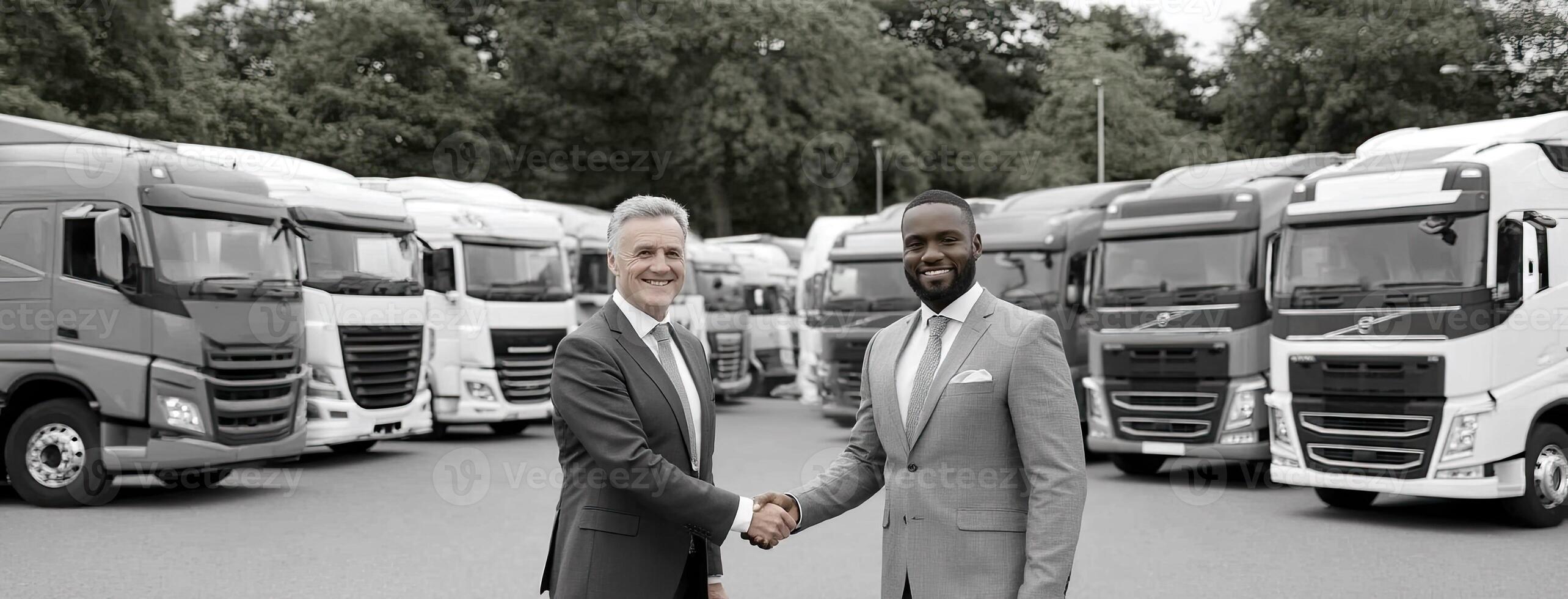 Two men shaking hands in front of a line of trucks photo