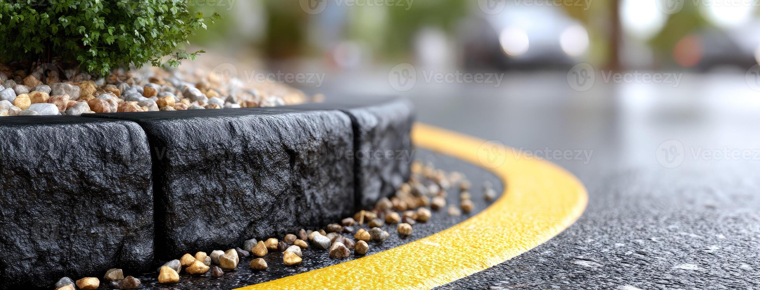 A close up of a black curb with gravel and plants photo