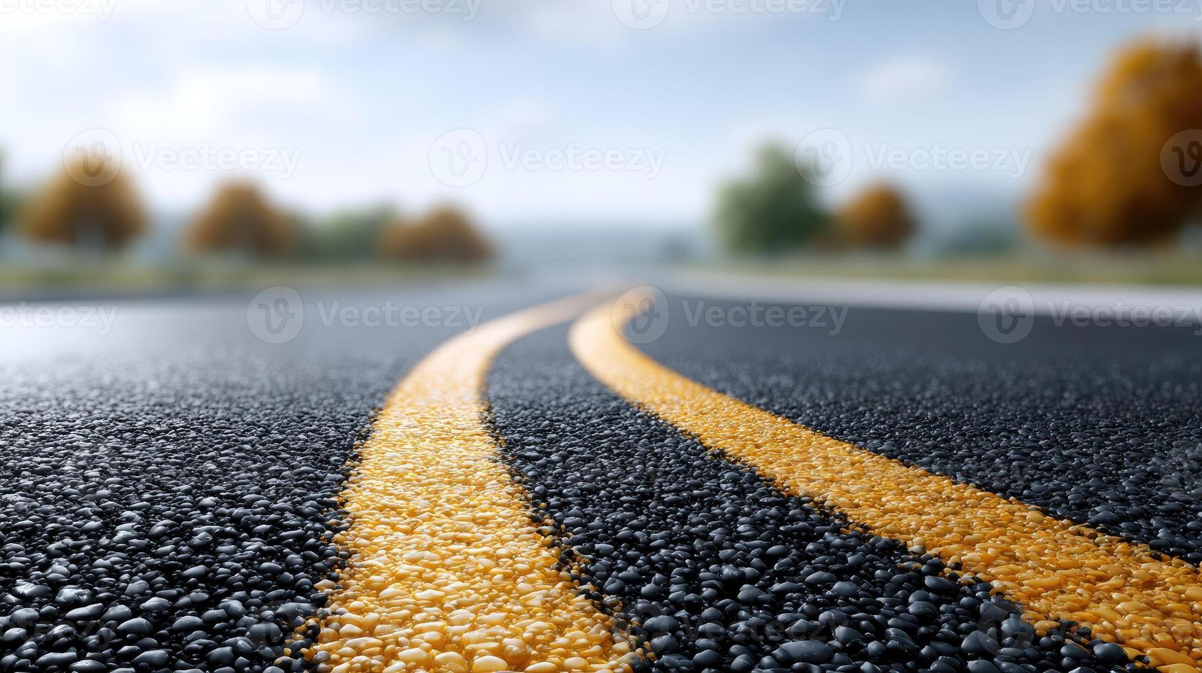 Asphalt road with yellow lines and trees in the background photo