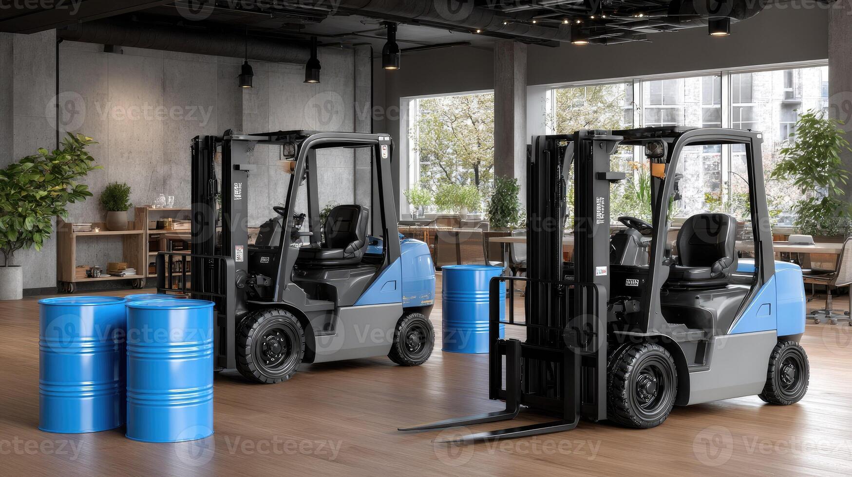 Two forklifts sit in a room with blue barrels photo