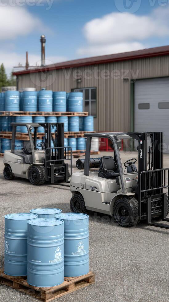 A forklift is parked next to a pallet of barrels photo