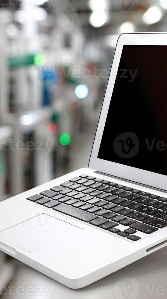 A laptop computer sitting on a table in a factory photo