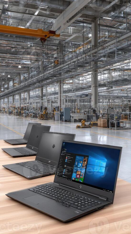 Three laptops are sitting on a table in an industrial area photo