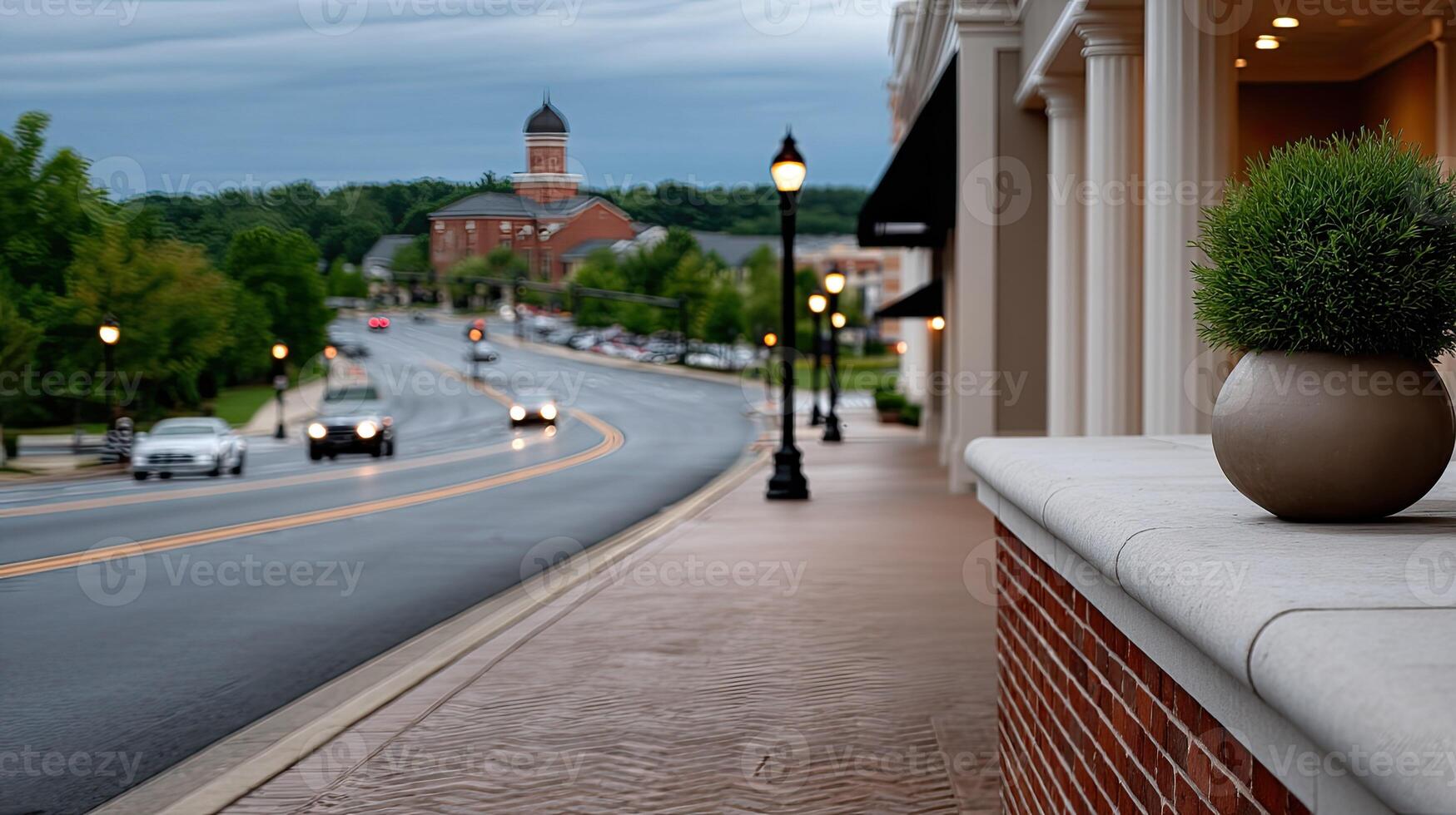 A street with a building in the background photo