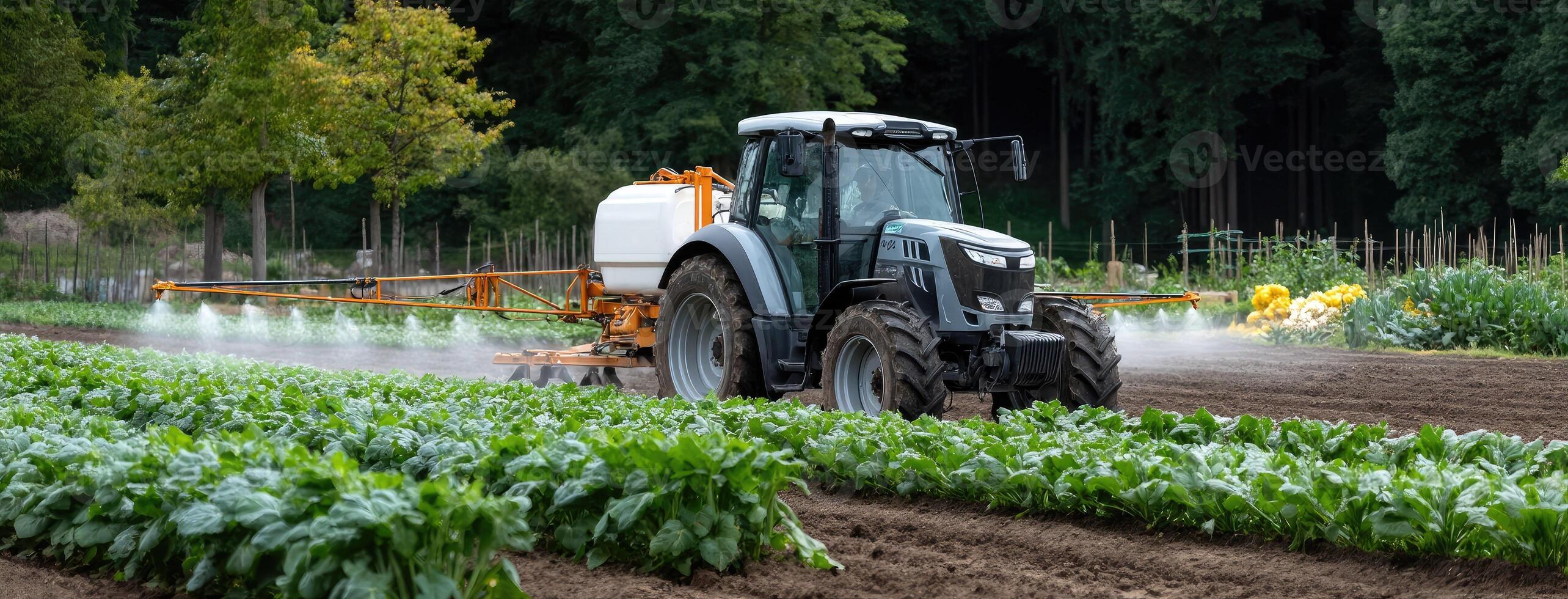 A tractor spraying crops with a sprayer photo