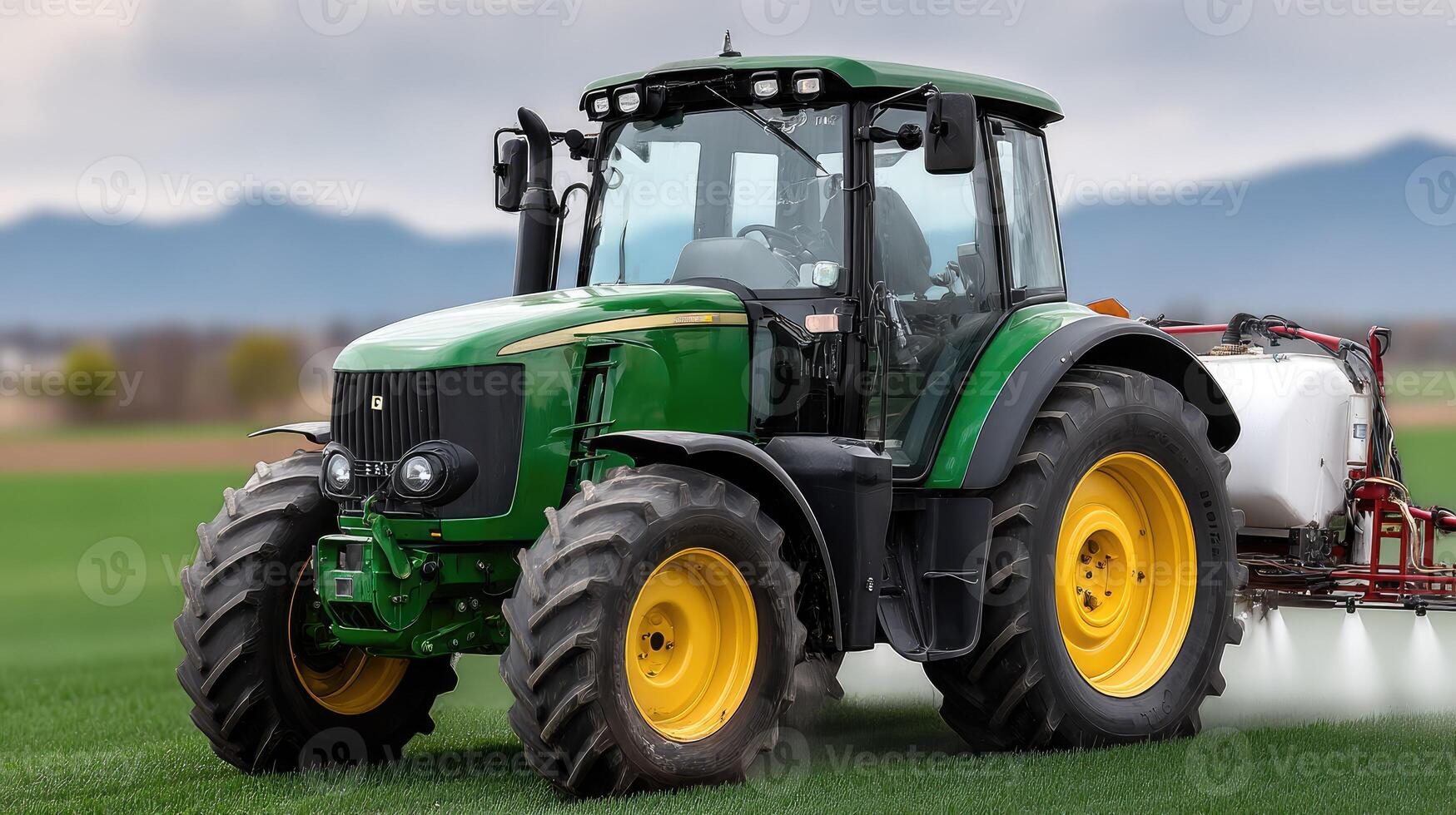 A tractor spraying a field with a sprayer photo