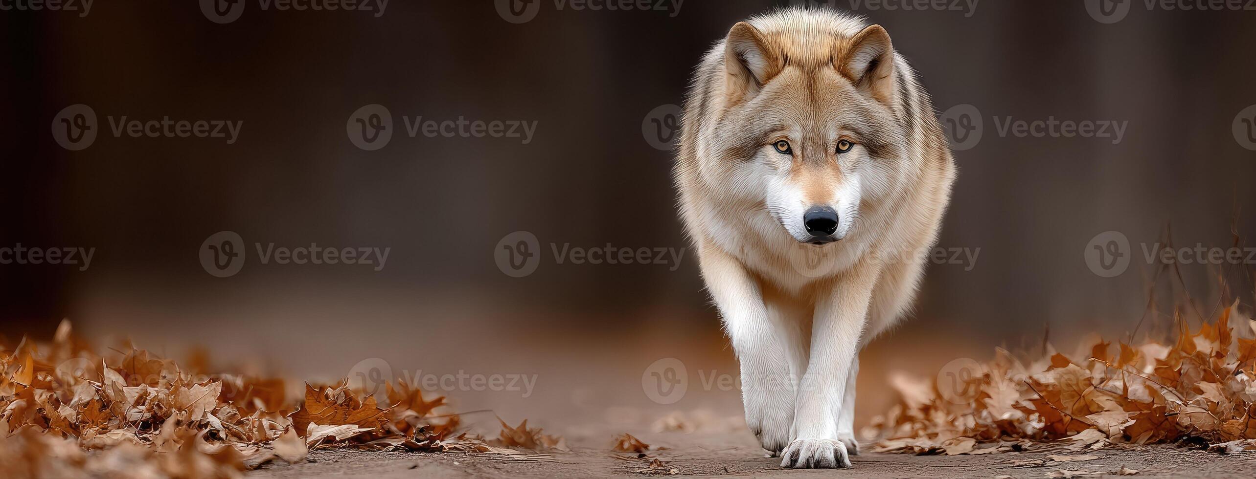 A wolf walking on the ground in the woods photo