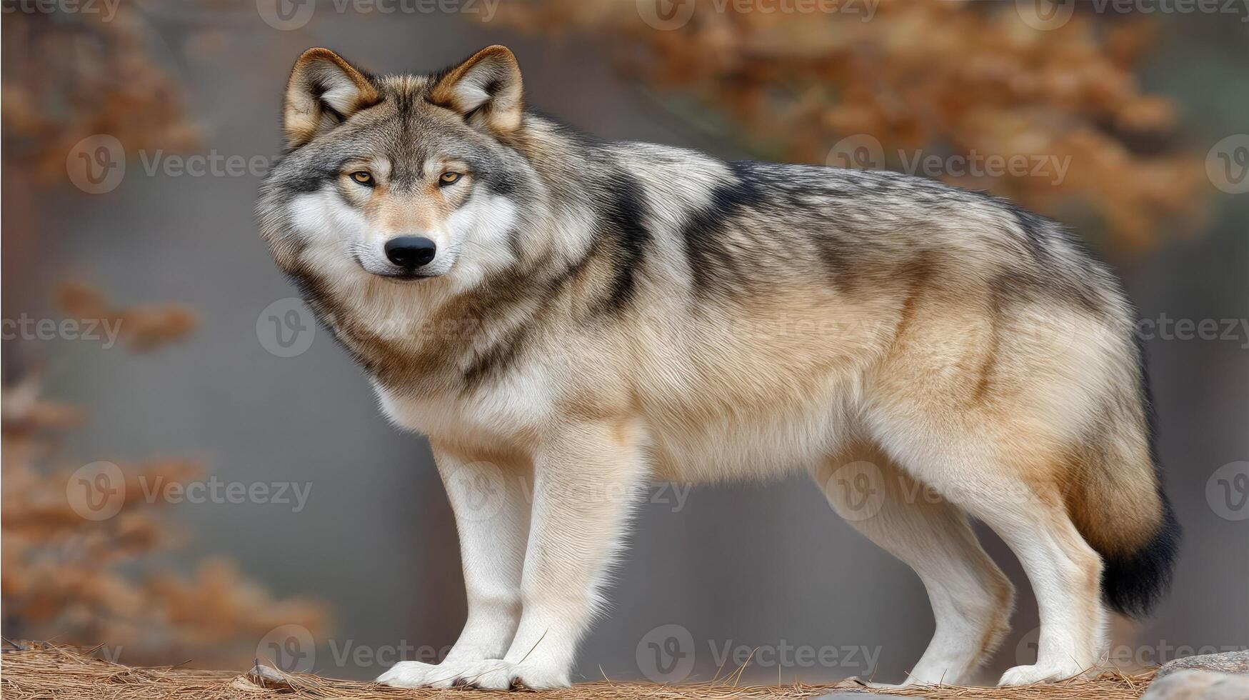 A wolf standing in the woods with trees in the background photo