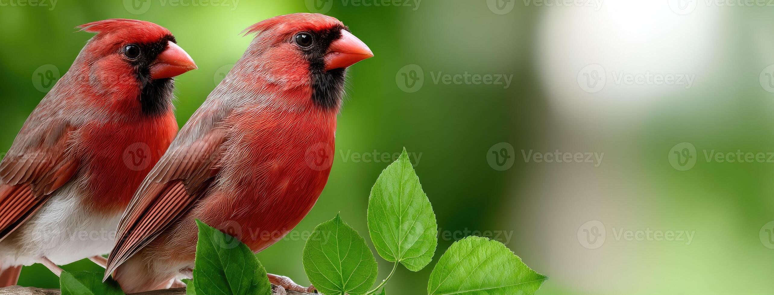 Two red birds sitting on a branch with green leaves photo