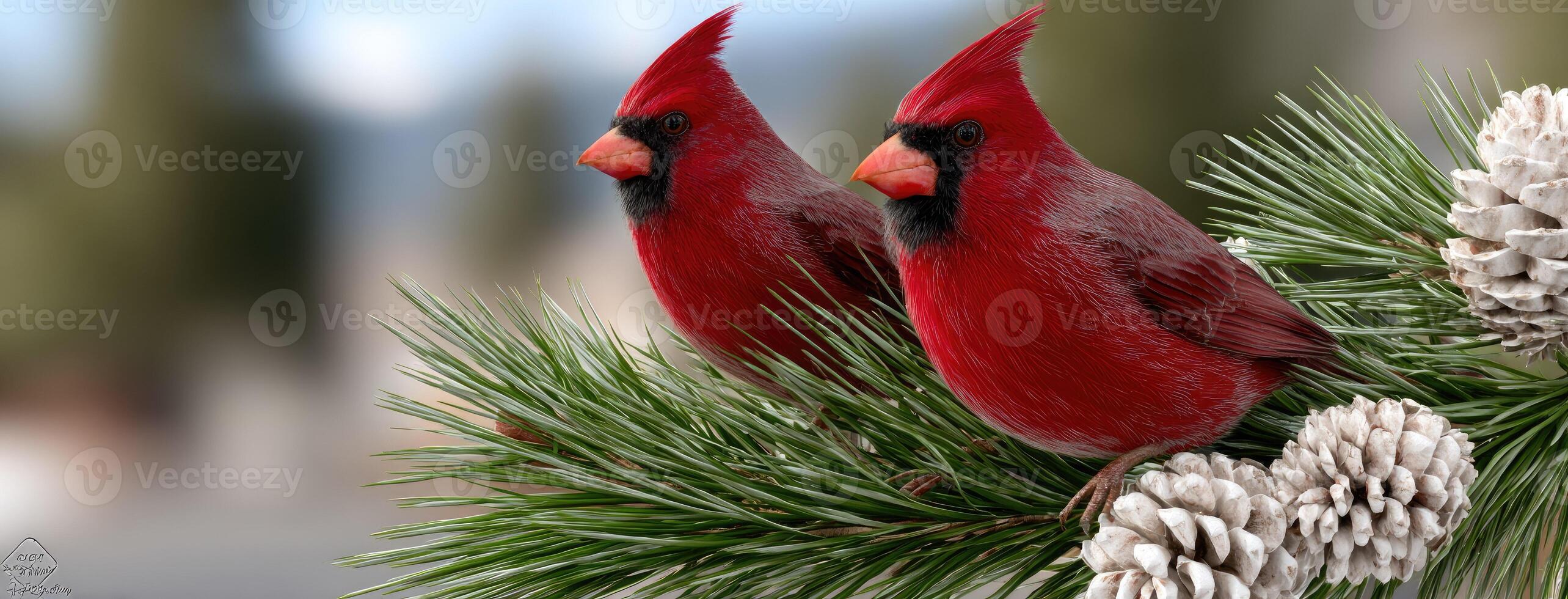Two red birds perched on a pine branch photo