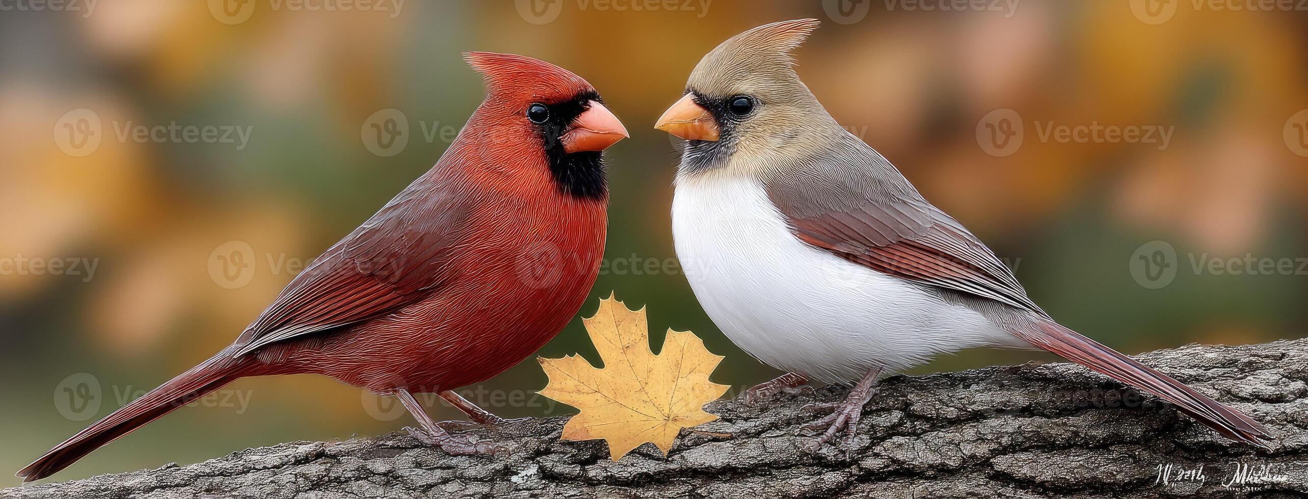 Two red and white birds sitting on a branch photo