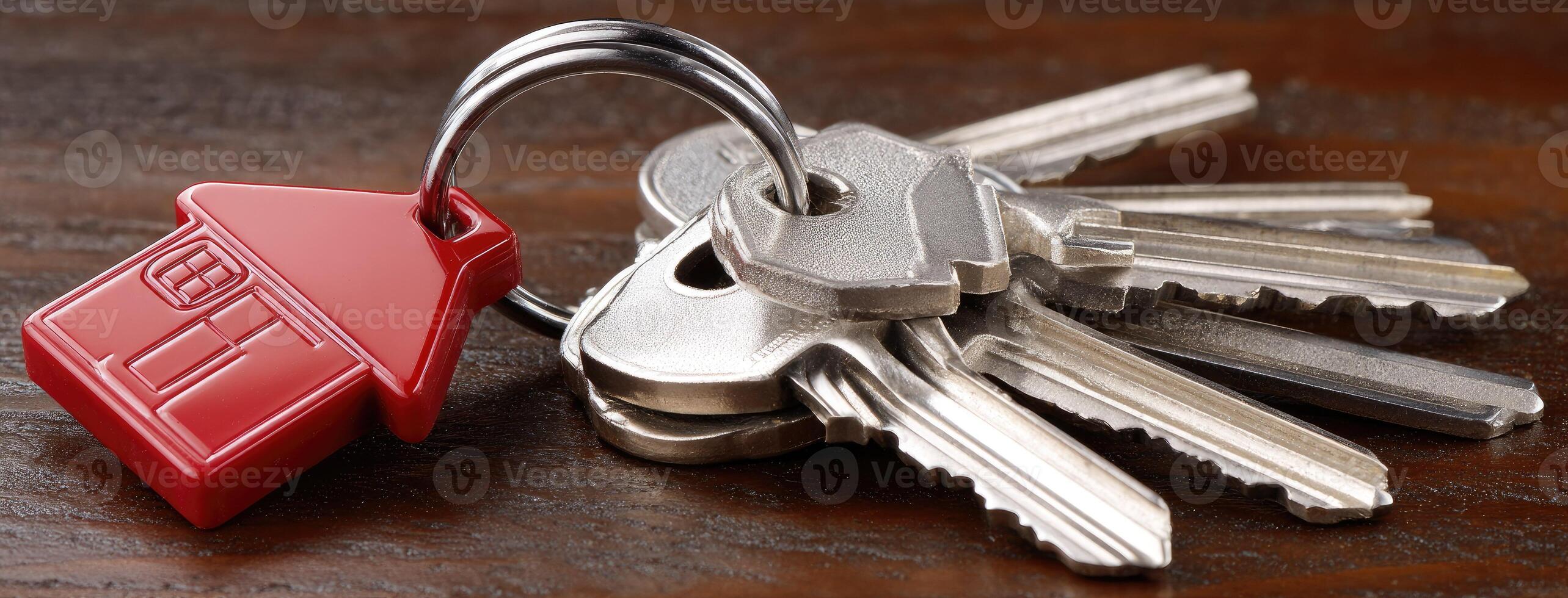 A red keychain with keys and a house key photo