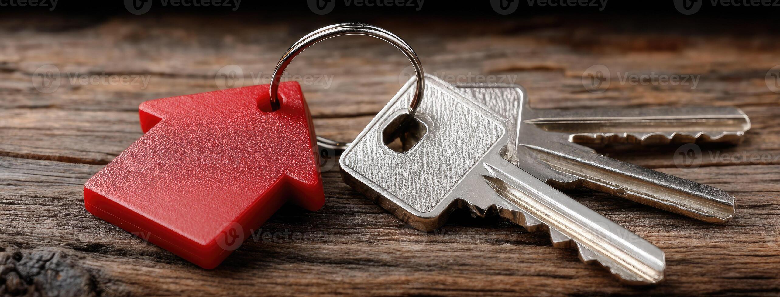 Two keys with a red arrow key on a wooden table photo