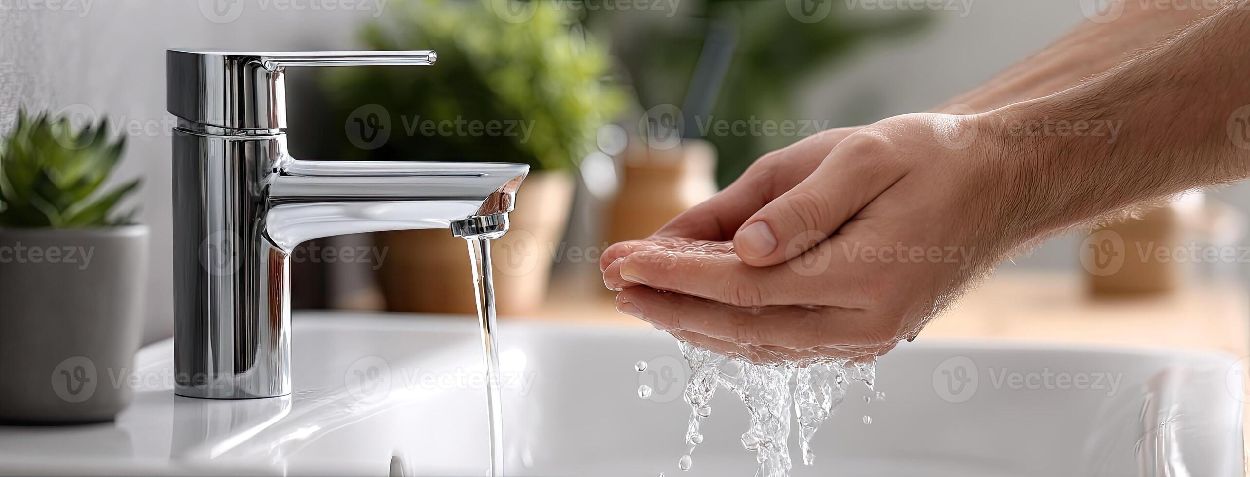 A person washing their hands under a faucet photo