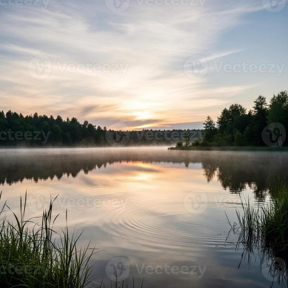 A lake with mist and grass on the shore photo