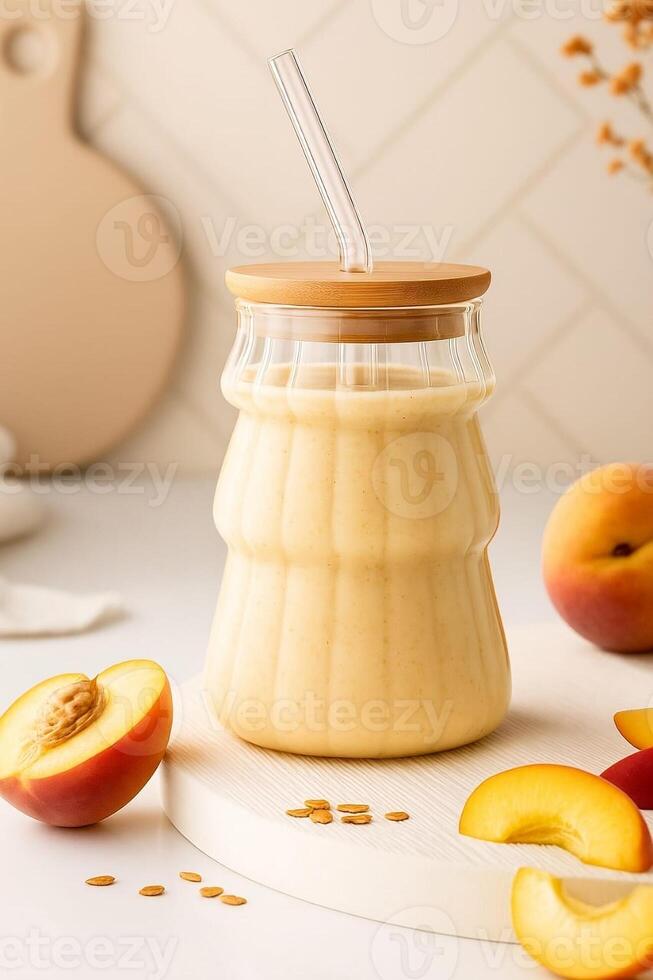 Refreshing Summer Peach Smoothie in a Stylish Glass Jar with Straw, Surrounded by Fresh Sliced Peaches and Oat Garnish photo