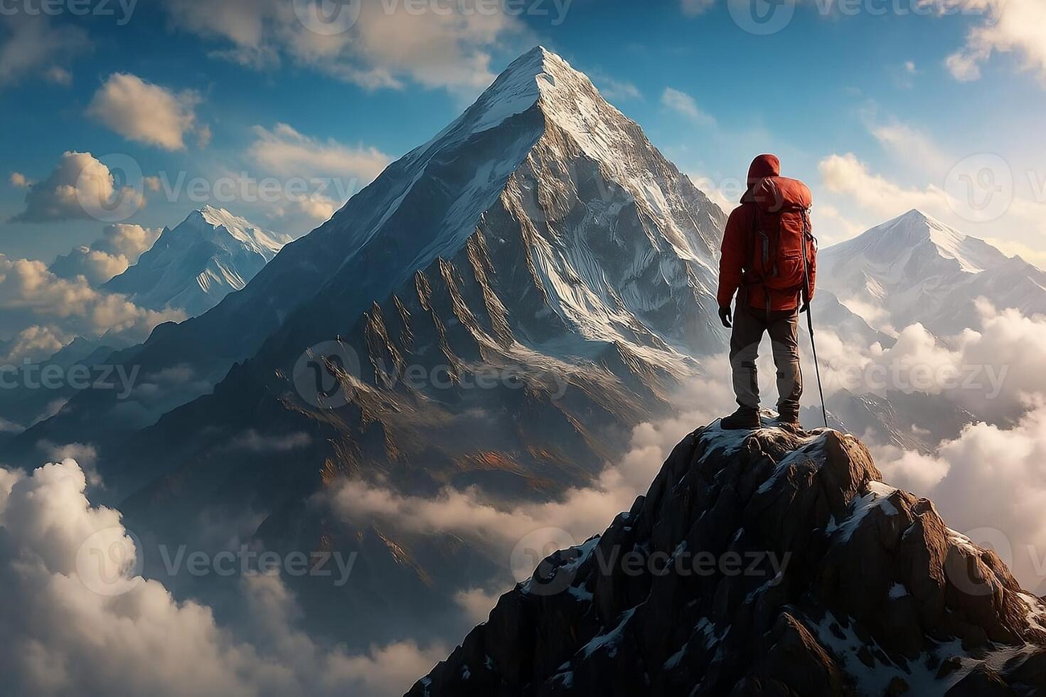 Majestic Mountain Climber Standing on Summit Overlooking Snowy Peaks and Clouds in Breathtaking Adventure Landscape at Sunrise Light photo