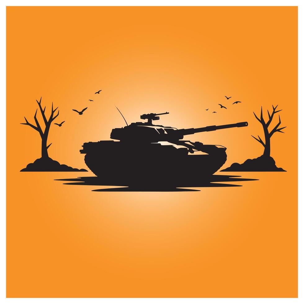 Silhouetted tank with birds and dead trees against orange background depicting conflict vector