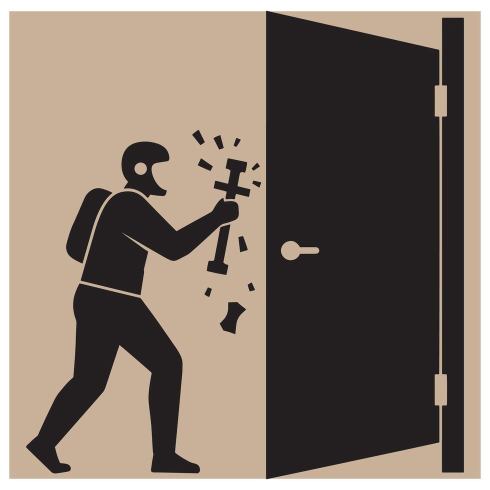 Silhouette illustration of a person breaking down a door with a sledgehammer concept vector