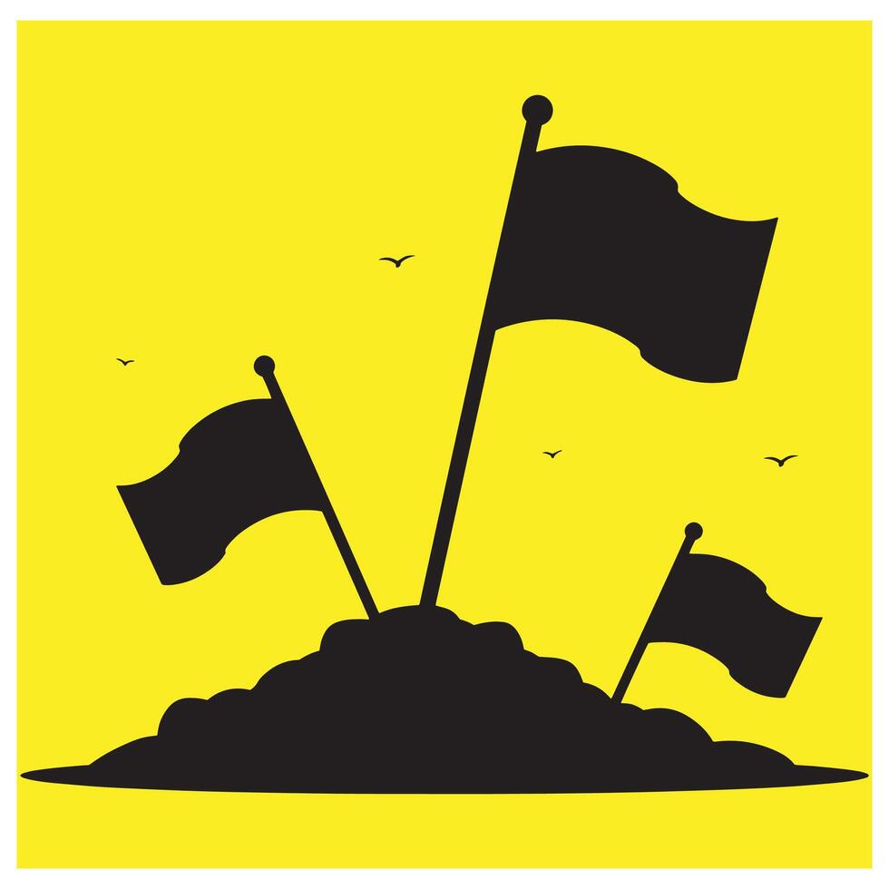Black flags waving on a hilltop silhouetted against a bright yellow background vector
