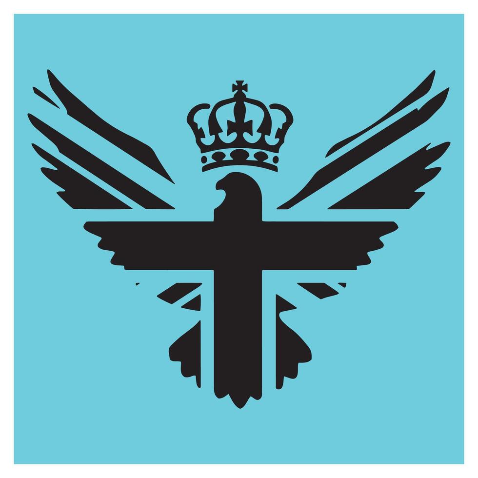 Stylized black eagle emblem with crown and wings on a light blue background vector