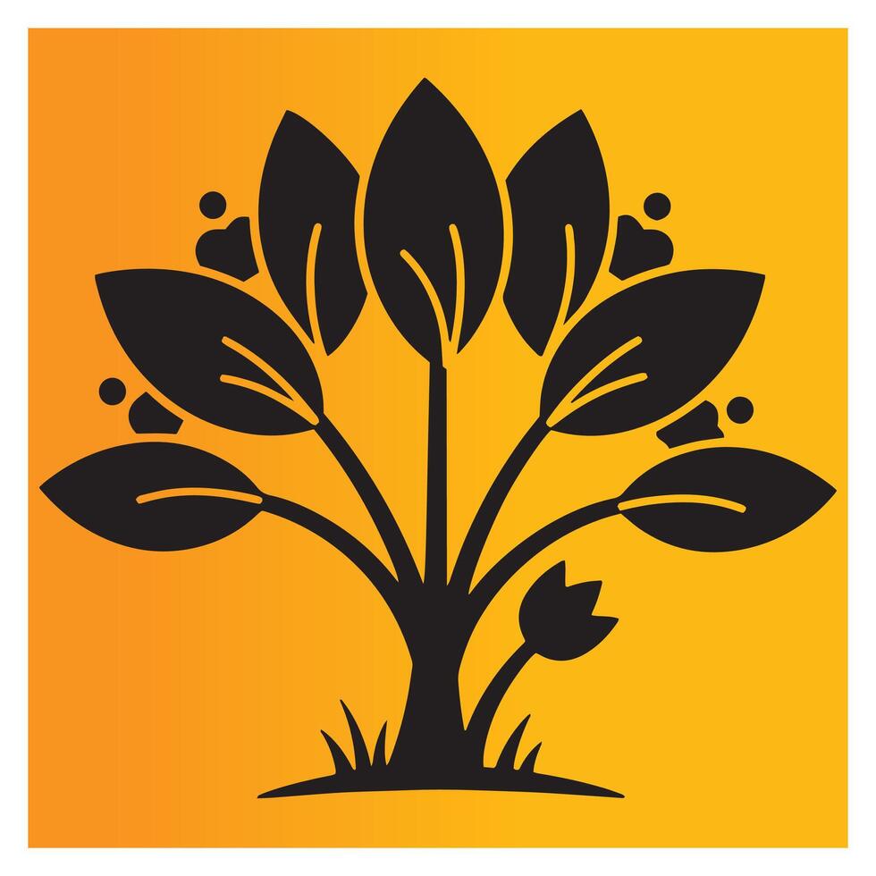 Stylized black tree with leaves and yellow gradient background for decorative designs vector