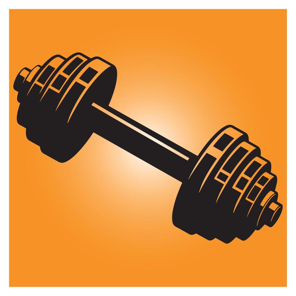 Isolated silhouette of a dumbbell on an orange gradient background for fitness concepts vector
