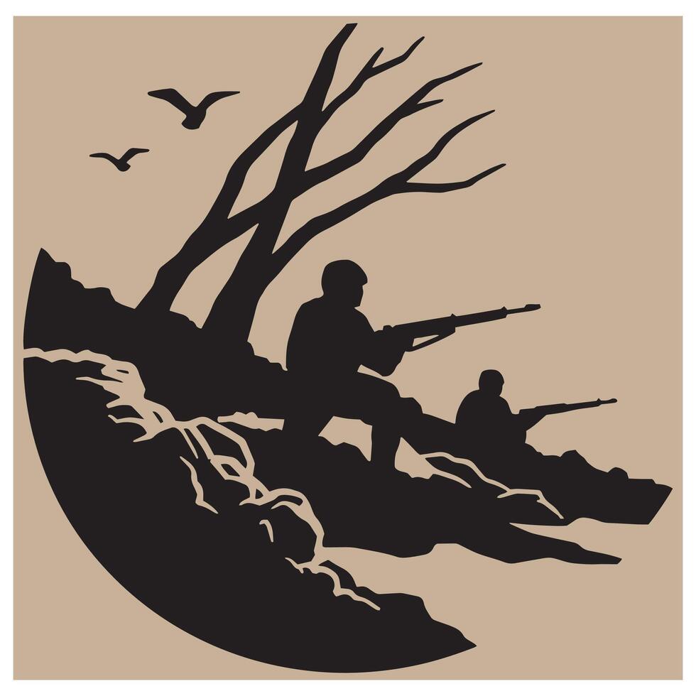 Silhouette of soldiers aiming rifles on a hilltop with birds and barren tree branches vector
