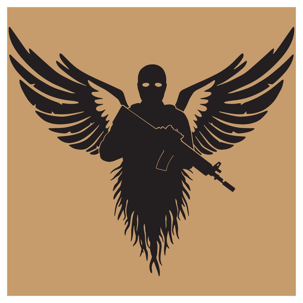 Silhouette of an angelic soldier holding a rifle with wings on a brown background vector