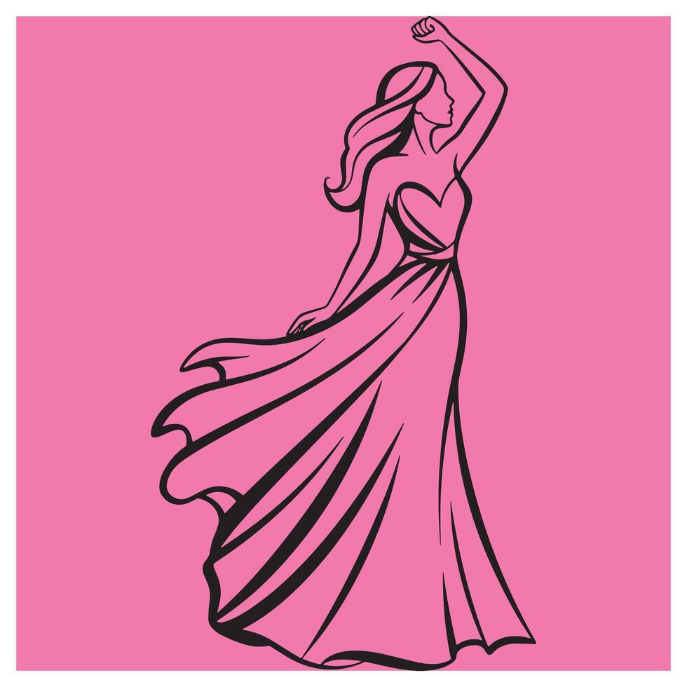 Graceful line art illustration of a woman in a flowing dress on a pink backdrop vector