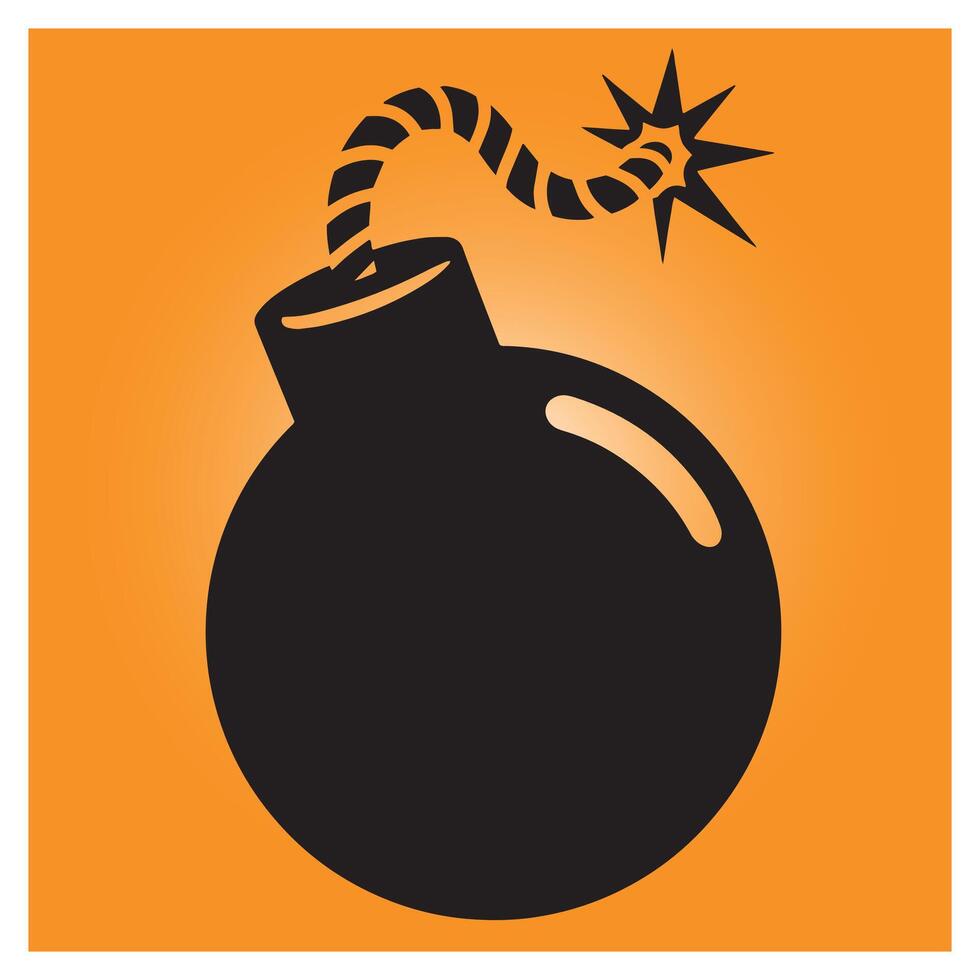 Cartoon illustration of a classic black bomb with lit fuse ready to explode on an orange background vector