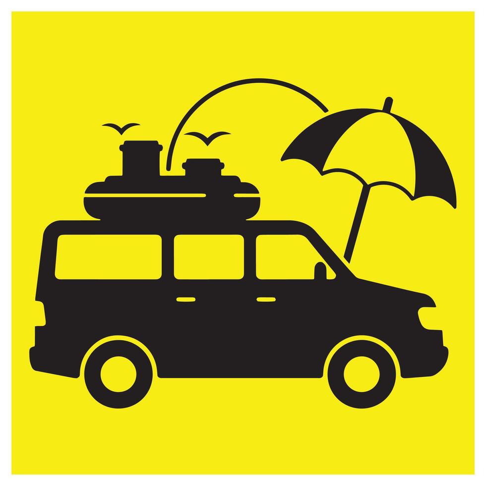 A black campervan with luggage umbrella and birds silhouetted on a vibrant yellow background vector