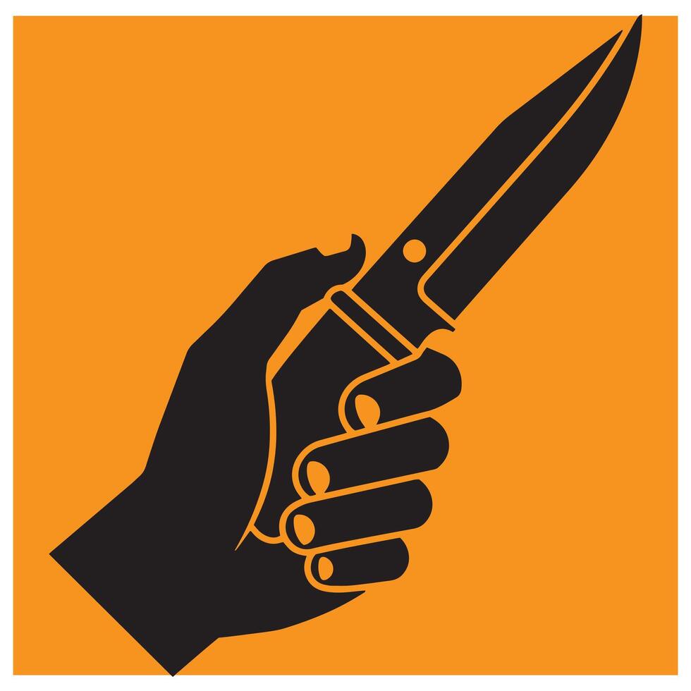 Silhouette of a hand holding a knife against orange background illustrating danger vector