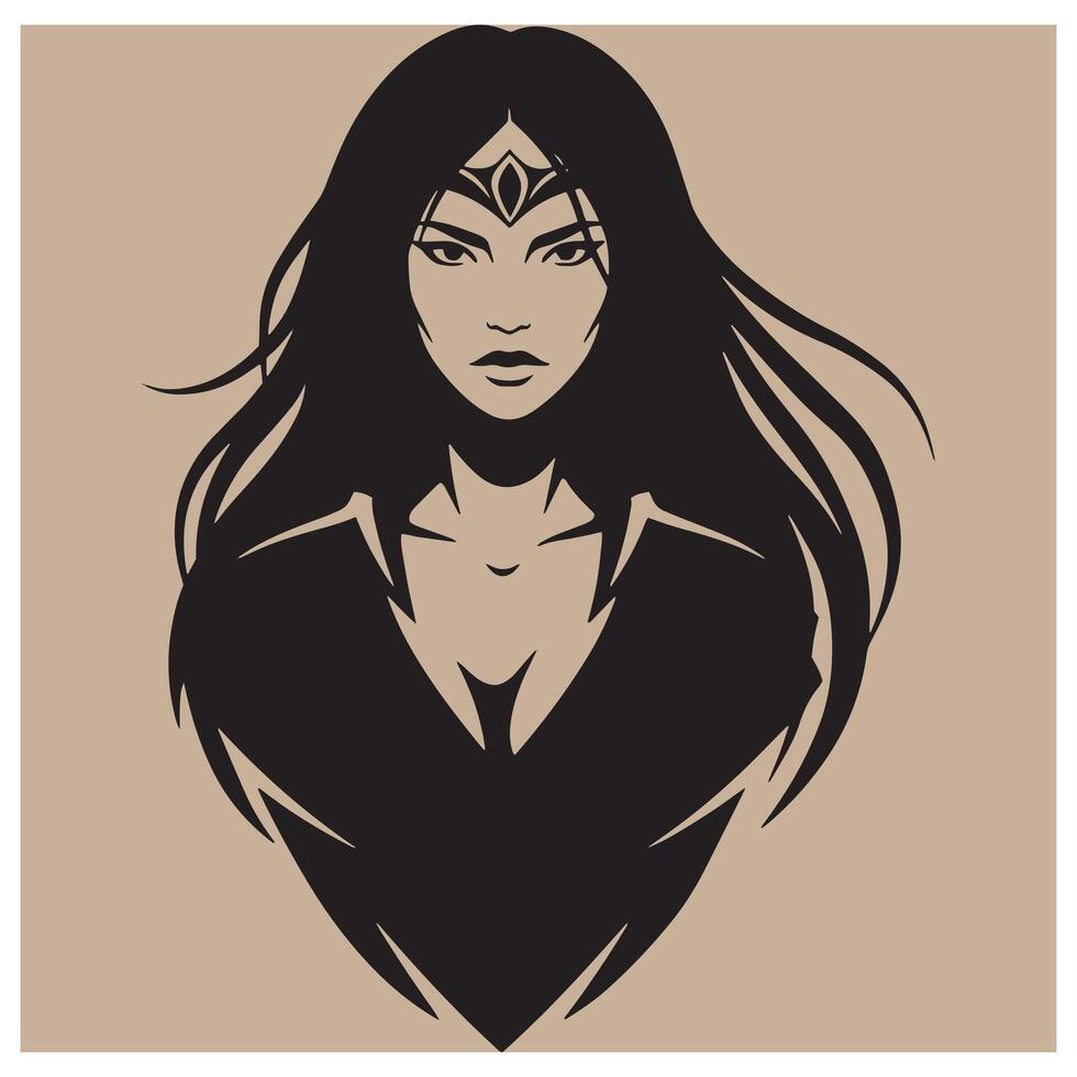illustration of a powerful woman warrior with flowing hair and determined gaze. vector