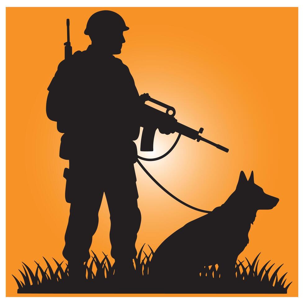 Silhouette of a soldier with military dog standing in orange background vector