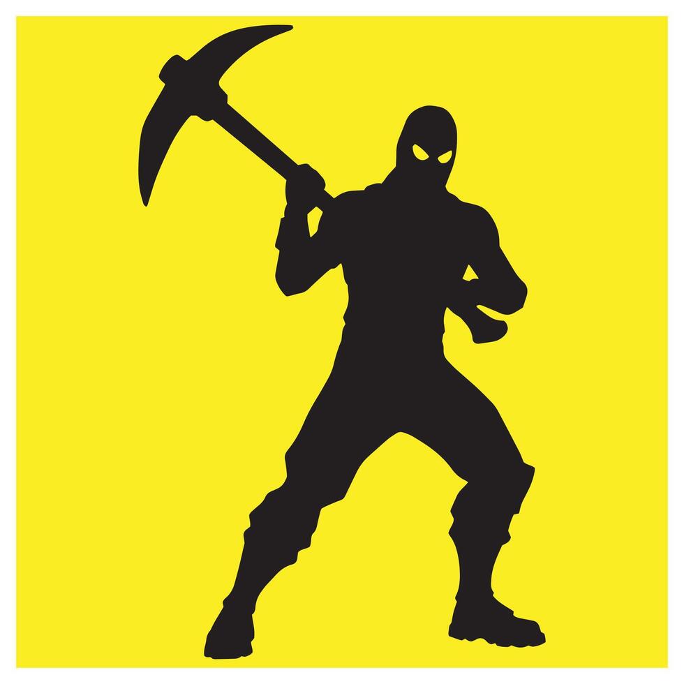 Silhouette illustration of a ninja holding a pickaxe against a yellow background vector