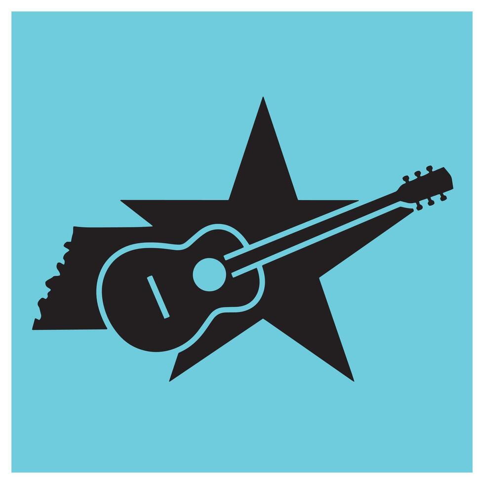 Illustration of a guitar outline on a star with a state silhouette against a teal background vector