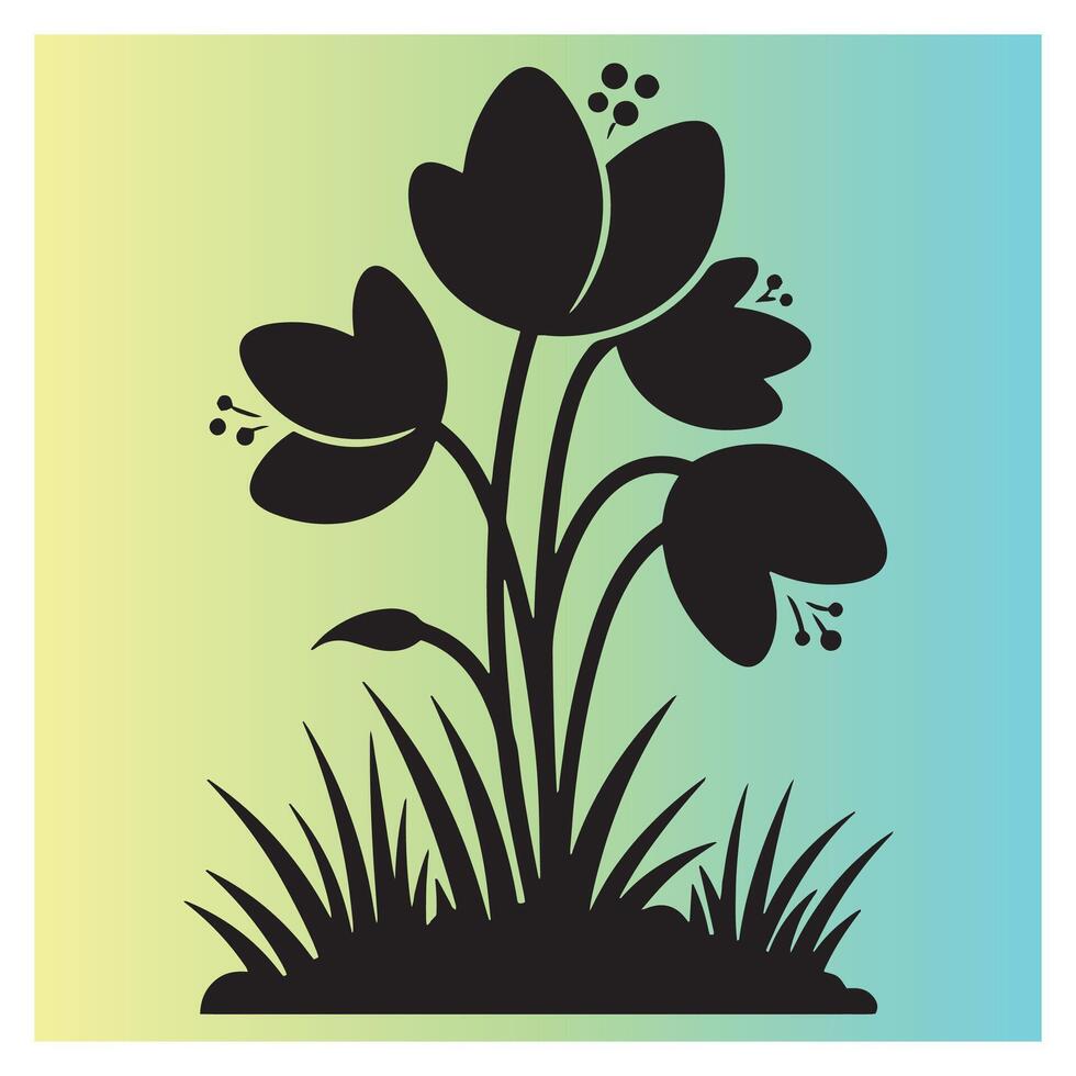 Elegant black floral silhouette with grass and gradient background design elements vector